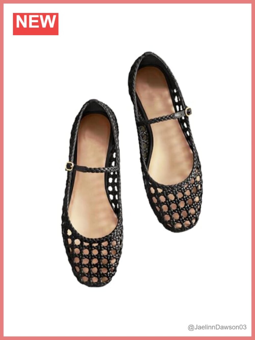 Woven Mesh Ballet Flats Women Round Toe Mary Jane Metal Buckle PU Rubber